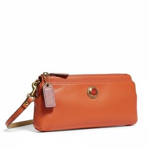 COACH Glove Leather Wristlet Vintage Clutch Bag Coral Orange Zip Around WALLET